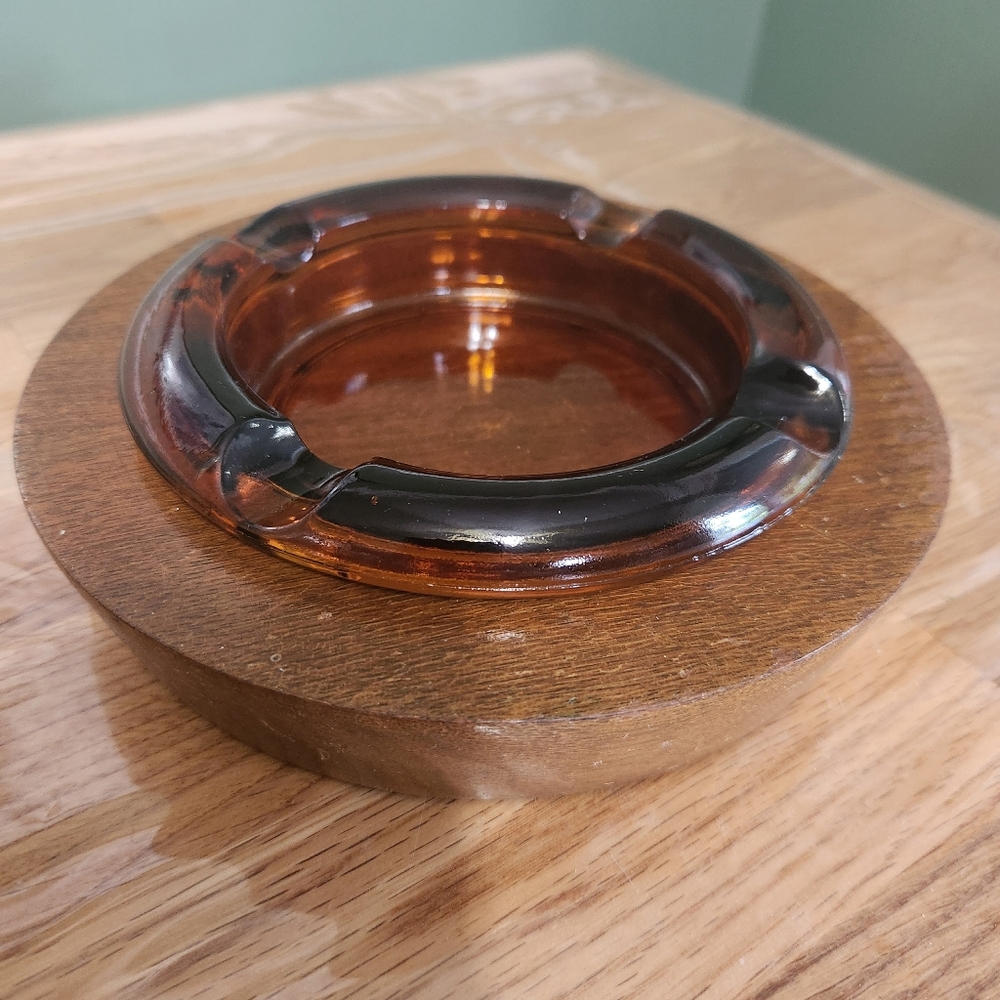 Mid Century Modern Wood Gold Brown Glass Ashtray Vintage La Salle